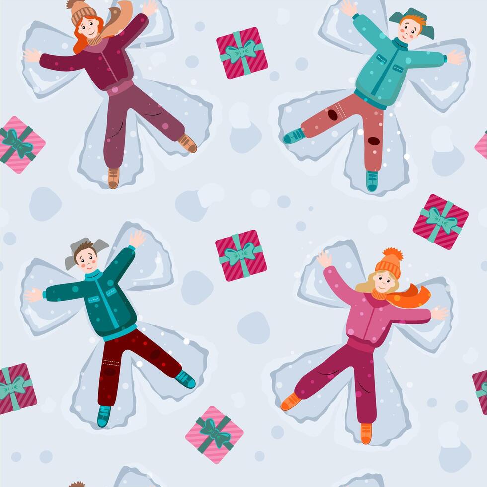 snö änglar och många gåvor runt om barn. sömlös mönster i tecknad serie stil. vektor
