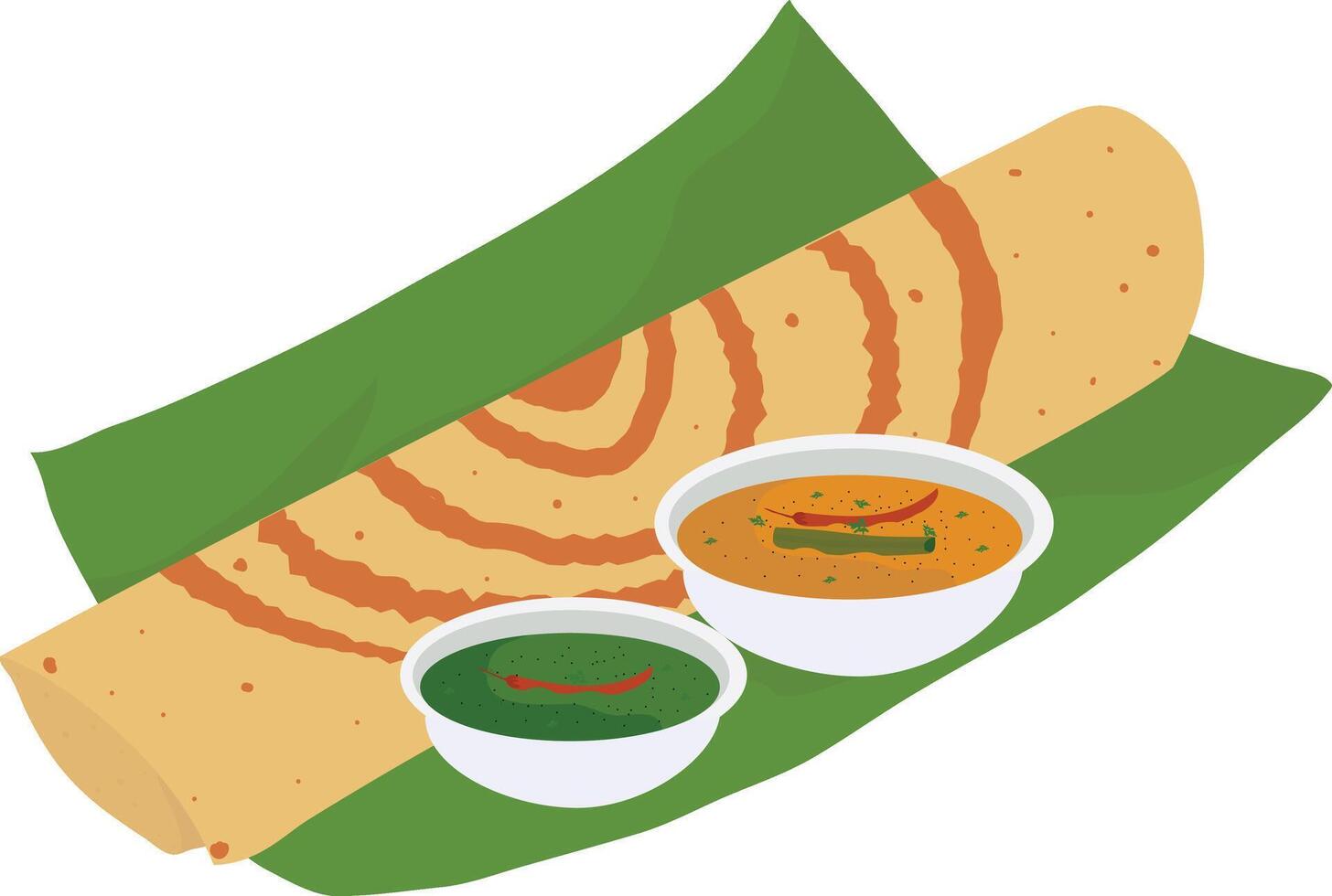 indisk mat dosa illustration, söder indisk mat dosa med sambar och chutney illustration vektor