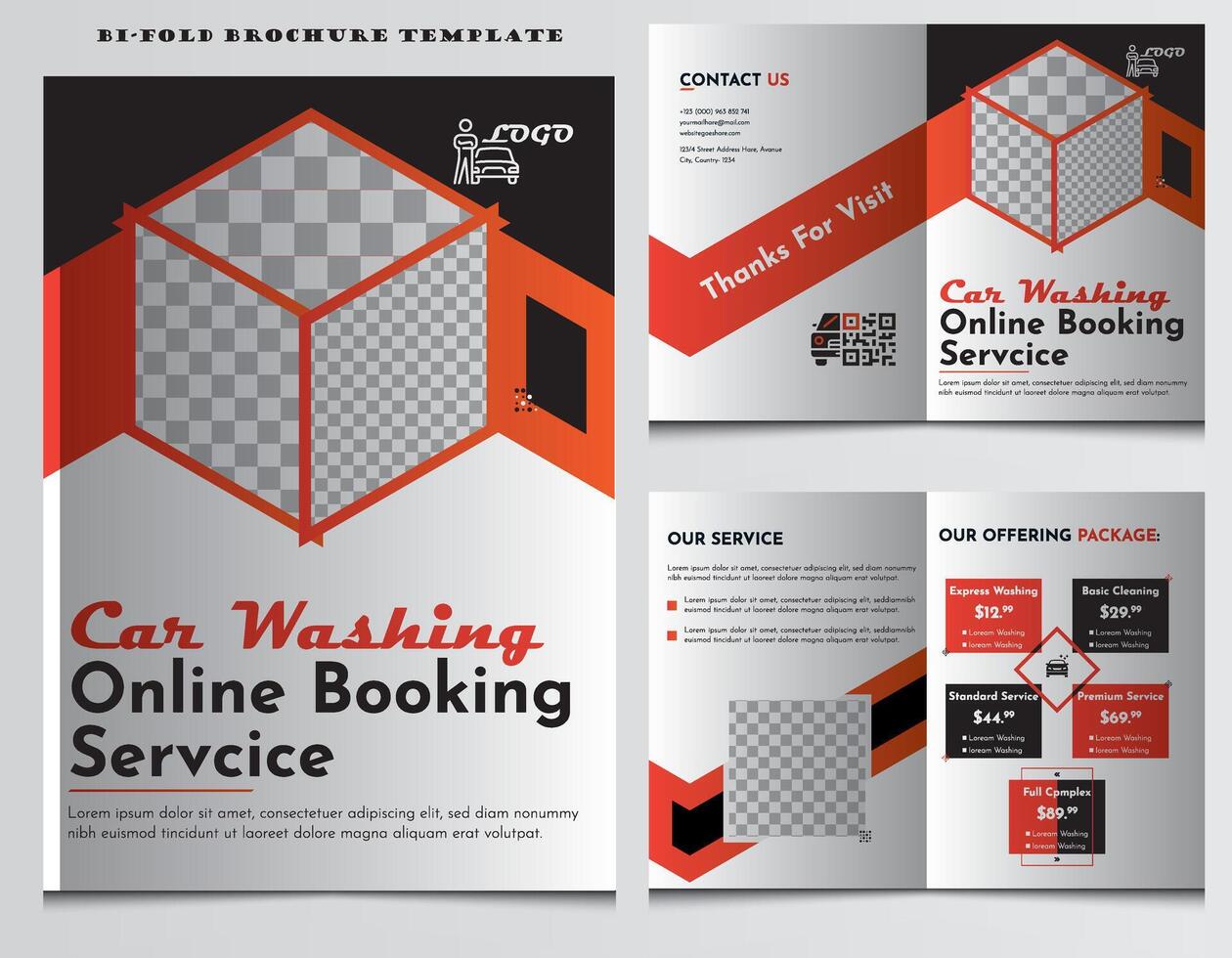 Auto Waschen Bedienung Center bi falten Broschüre Vorlage Design, Auto Reinigung Flyer Vorlage Design. Auto waschen Bedienung Poster Flugblatt Design. a4 Auto waschen und Reinigung Bedienung Flyer, Abdeckung, Broschüre Design vektor