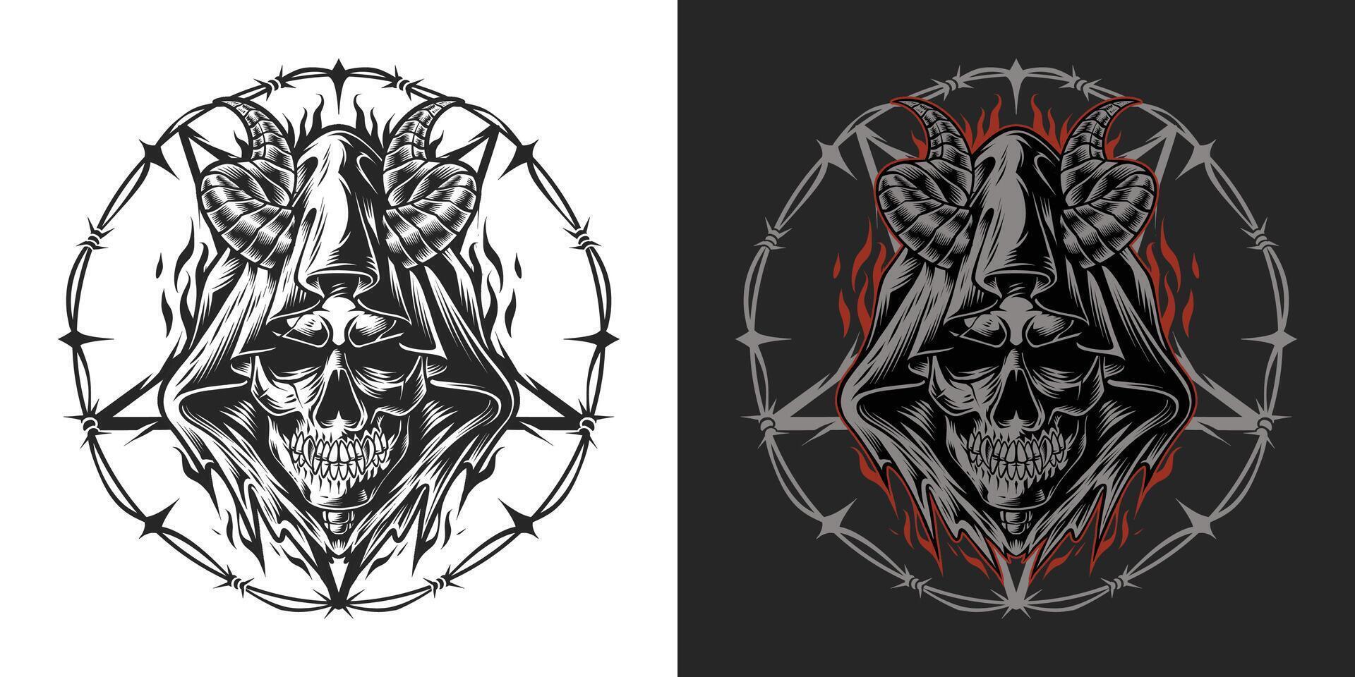 Schädel grimmig Sensenmann mit Horn Logo dunkel Kunst Stil Illustration zum T-Shirt Design vektor