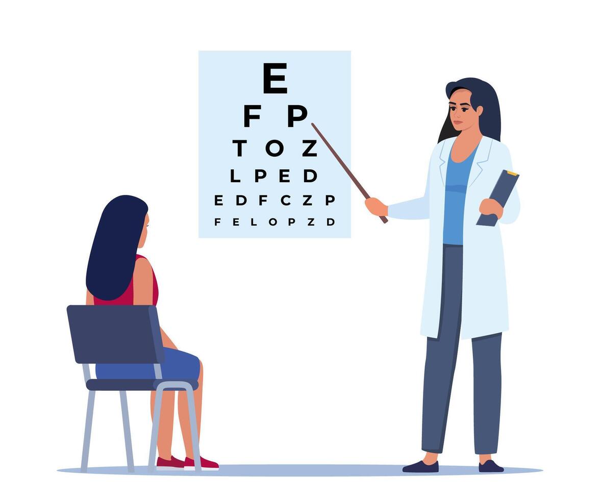 Augenarzt Stehen in der Nähe von Auge Prüfung Tafel und zeigen Brief zu geduldig. Augenheilkunde Diagnostik, Vision Korrektur, Optometrie. Augenarzt Überprüfung Sehvermögen von geduldig. Auge Klinik Termin. vektor