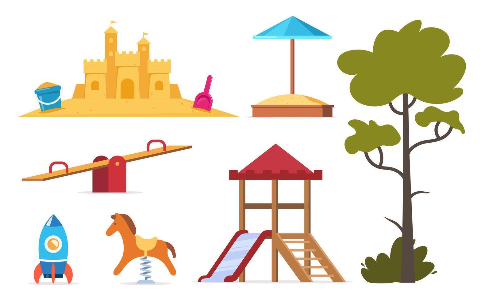 barns underhållning lekplats element. glida, bänkar, en sandlåda, en gunga och en rekreation parkera, leksaker. plats barn spel. illustration. vektor