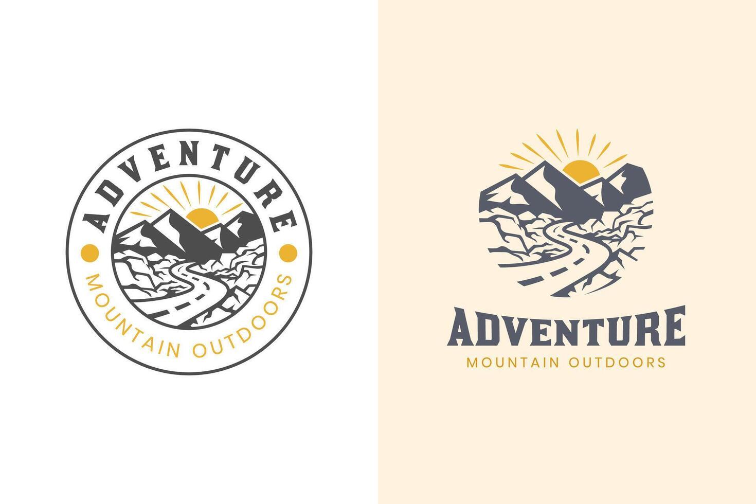Berg Landschaft mit Felsen beim Sonnenaufgang zum Hipster Abenteuer Reisen Logo können Sein benutzt Biker Kreuz vektor