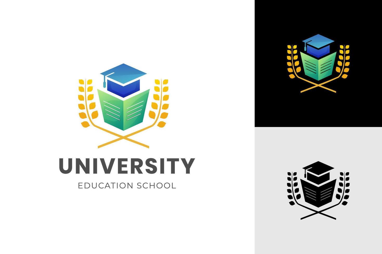 utbildning akademi logotyp illustration med bok och ungkarl hatt, laurel krans grafisk element symbol för hög skola, universitet logotyp mall vektor