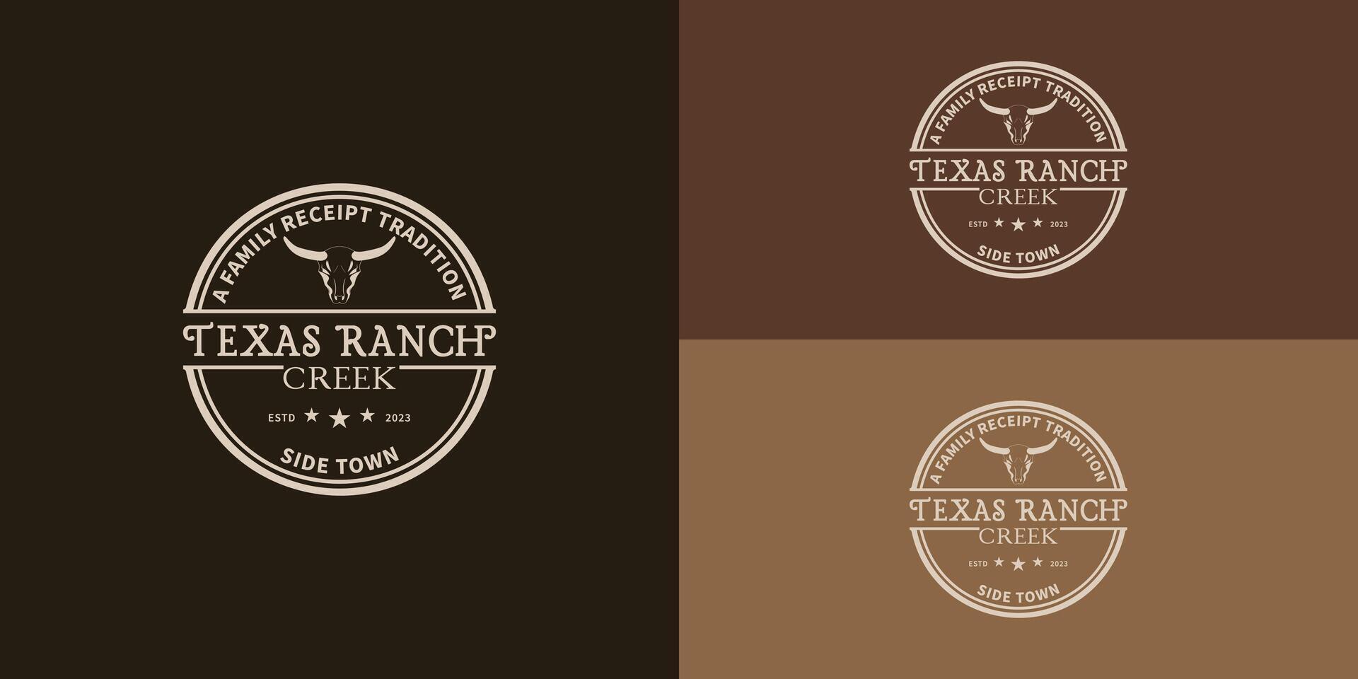 Jahrgang retro Western Land Etikette Abzeichen Emblem klassisch Typografie Logo Design. Texas Longhorn Logo Land Western Stier das Vieh Jahrgang retro Logo Design. Western Familie Ranch Logo Design Inspiration vektor