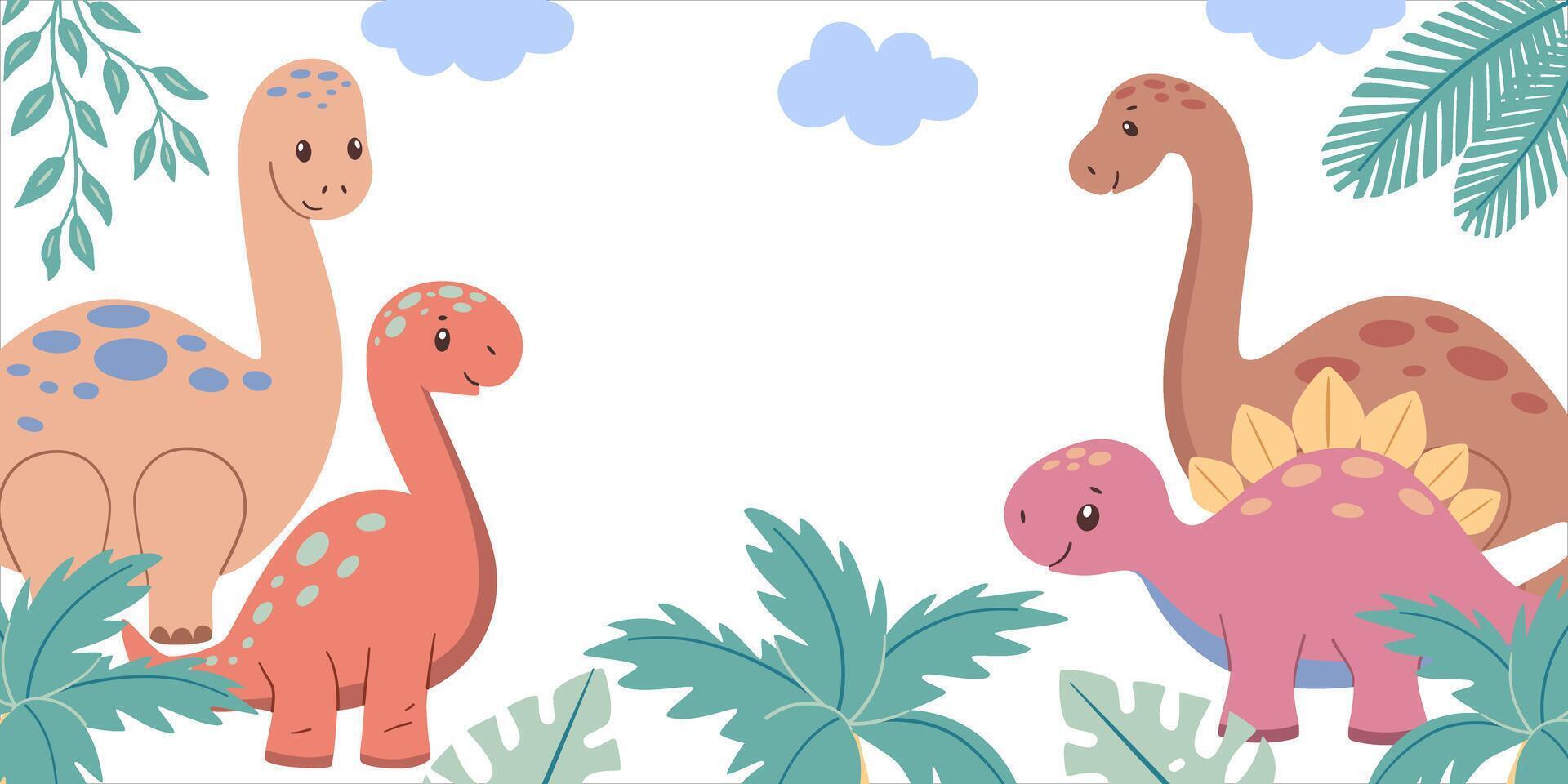 Banner horizontal Rahmen mit süß Dinosaurier und tropisch Pflanzen. kindisch handgemalt Illustration. vektor