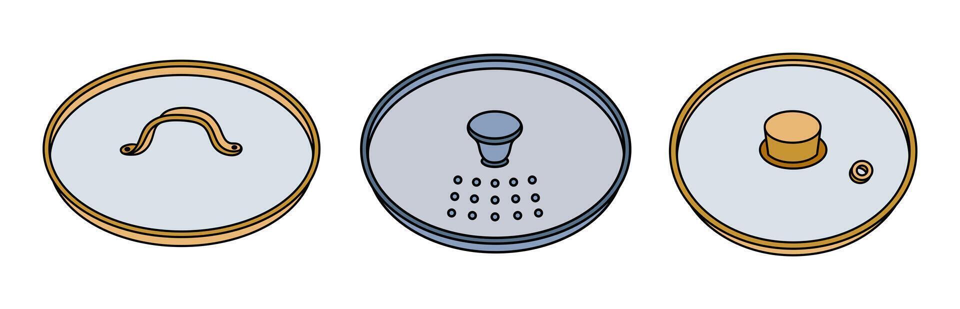 Küche Deckel Satz. transparent Glas Kappen mit rostfrei Stahl, Eisen, Kupfer Griffe. Abdeckungen mit Löcher zum Dampf. Geschirr zum Cafés, Restaurants, Essen. isoliert Clip Art, farbig Geschirr vektor