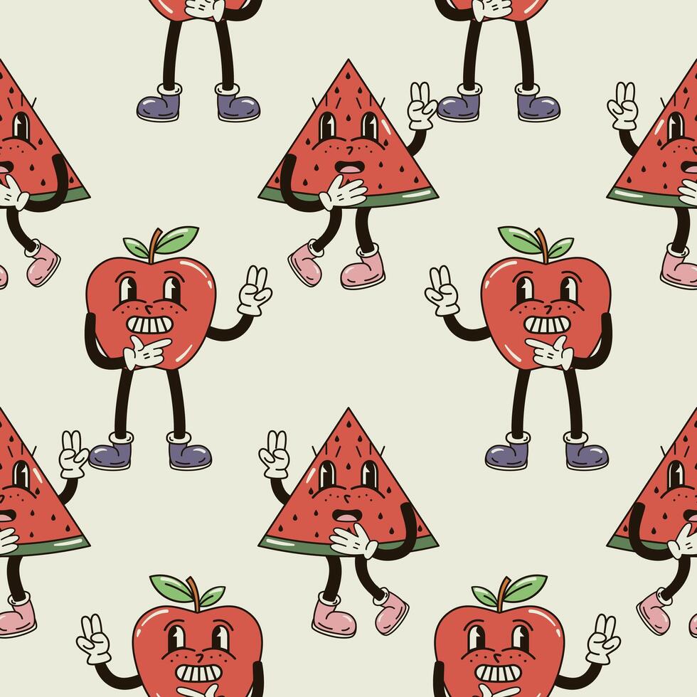ein nahtlos Muster mit lustig, süß und lächelnd Apfel und Wassermelone Charakter im ein groovig Stil vektor