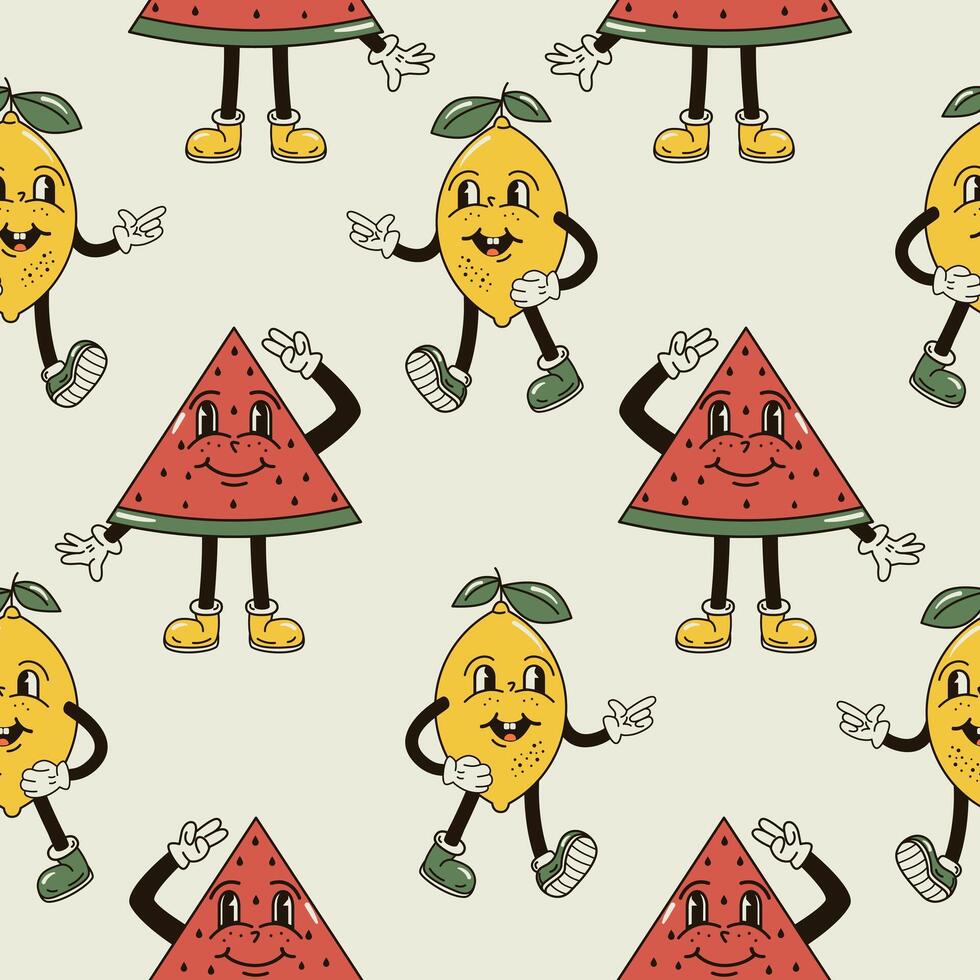 ein nahtlos Muster mit lustig, süß und lächelnd Zitrone und Wassermelone Charakter im ein groovig Stil vektor