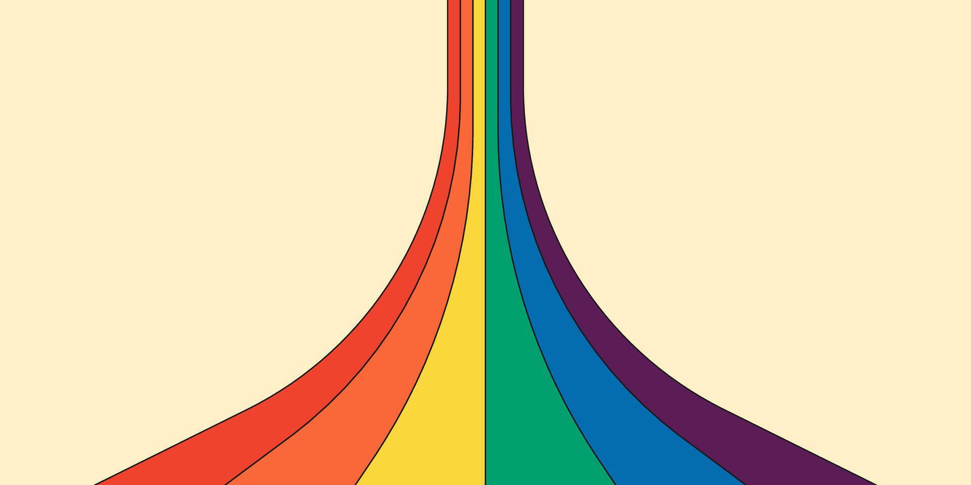 retro Regenbogen Farbe gestreift Pfad horizontal Banner. geometrisch Hippie Regenbögen Perspektive fließen Abdeckung. Jahrgang Hippie abstrakt spektral irisierend Streifen. modisch minimal Disko y2k bunt Kunst Linien vektor