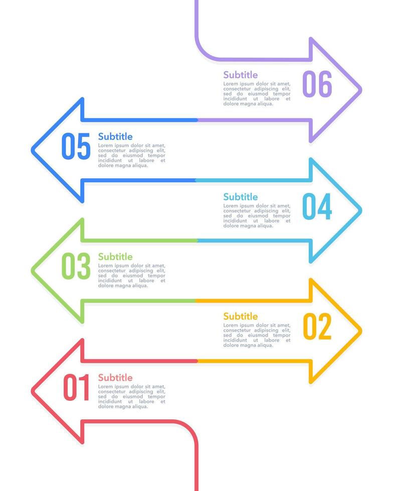 Vertikale Zeitleiste Infografik 6 Schritte dünn Linie Pfeil Design Vorlage. Meilenstein, Fahrplan, Zeitleiste. vektor