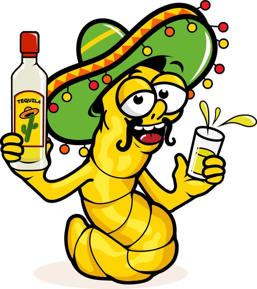 Mexikaner Karikatur Tequila Wurm mit Sombrero Hut trinken ein Schuss von Tequila trinken. ein Karikatur betrunken Tequila Wurm halten ein Flasche von Tequila und Trinken beim ein cinco de Mayo Party. vektor