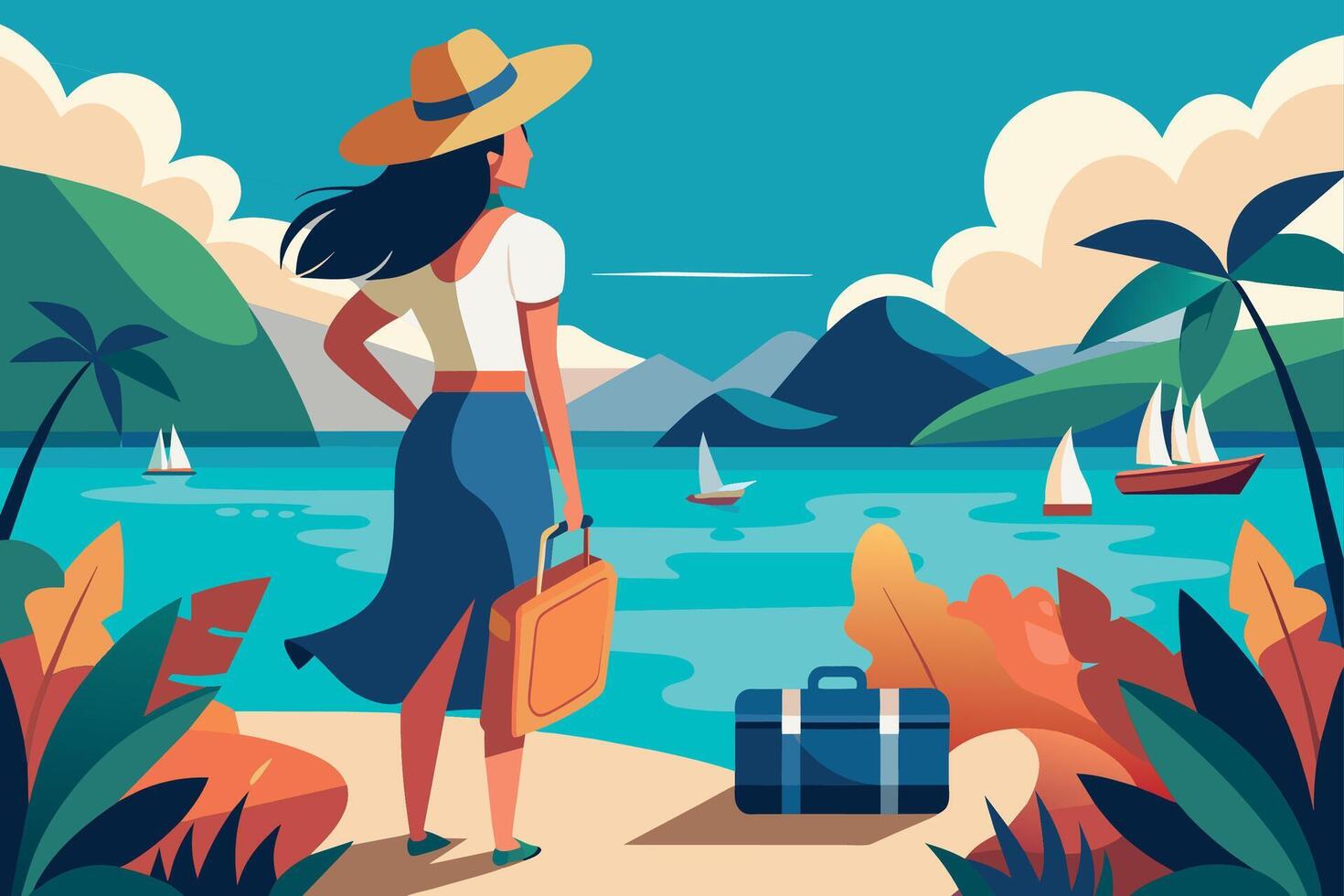 Meer Landschaft Frau im Sommer- Kleidung mit Koffer auf Ferien vektor