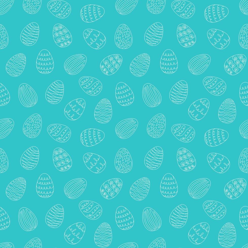 nahtlos Muster von Weiß Ostern Eier mit handgemalt Einzelheiten. kontinuierlich einer Linie Zeichnung. isoliert auf Blau Hintergrund. festlich Design. zum Ostern Dekoration, Verpackung Papier, Gruß, Textil, drucken vektor