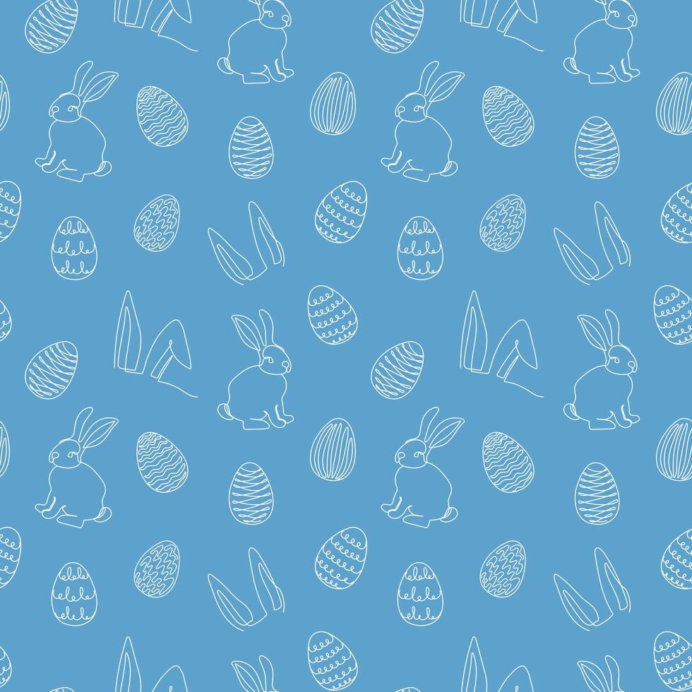 nahtlos Muster von handgemalt Kaninchen, Ohren, Ostern Eier. festlich Ostern Hasen Design. kontinuierlich Linie Kunst. isoliert auf Blau Hintergrund. Ostern Dekoration, Verpackung Papier, Gruß, Textil, drucken vektor