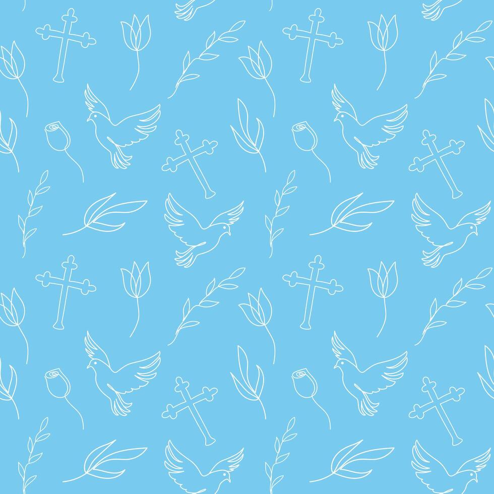 sömlös mönster med kristen symboler. kontinuerlig ett linje teckning av går över, duvor, blommig element på blå bakgrund. begrepp av påsk, religiös, fred. omslag papper, textil, skriva ut vektor