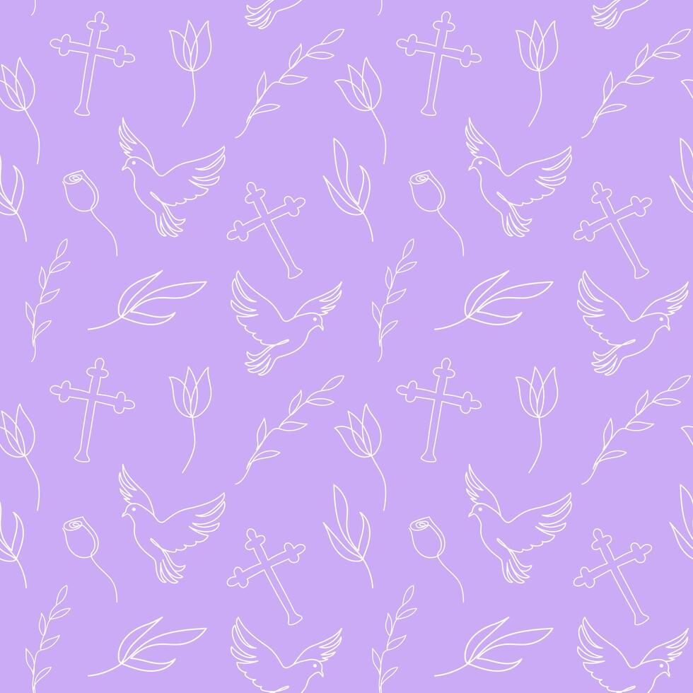 nahtlos Muster mit Christian Symbole. kontinuierlich einer Linie Zeichnung von Kreuze, Tauben, Blumen- Elemente auf lila Hintergrund. Konzept von Ostern, religiös, Frieden. Verpackung Papier, Textil, drucken vektor