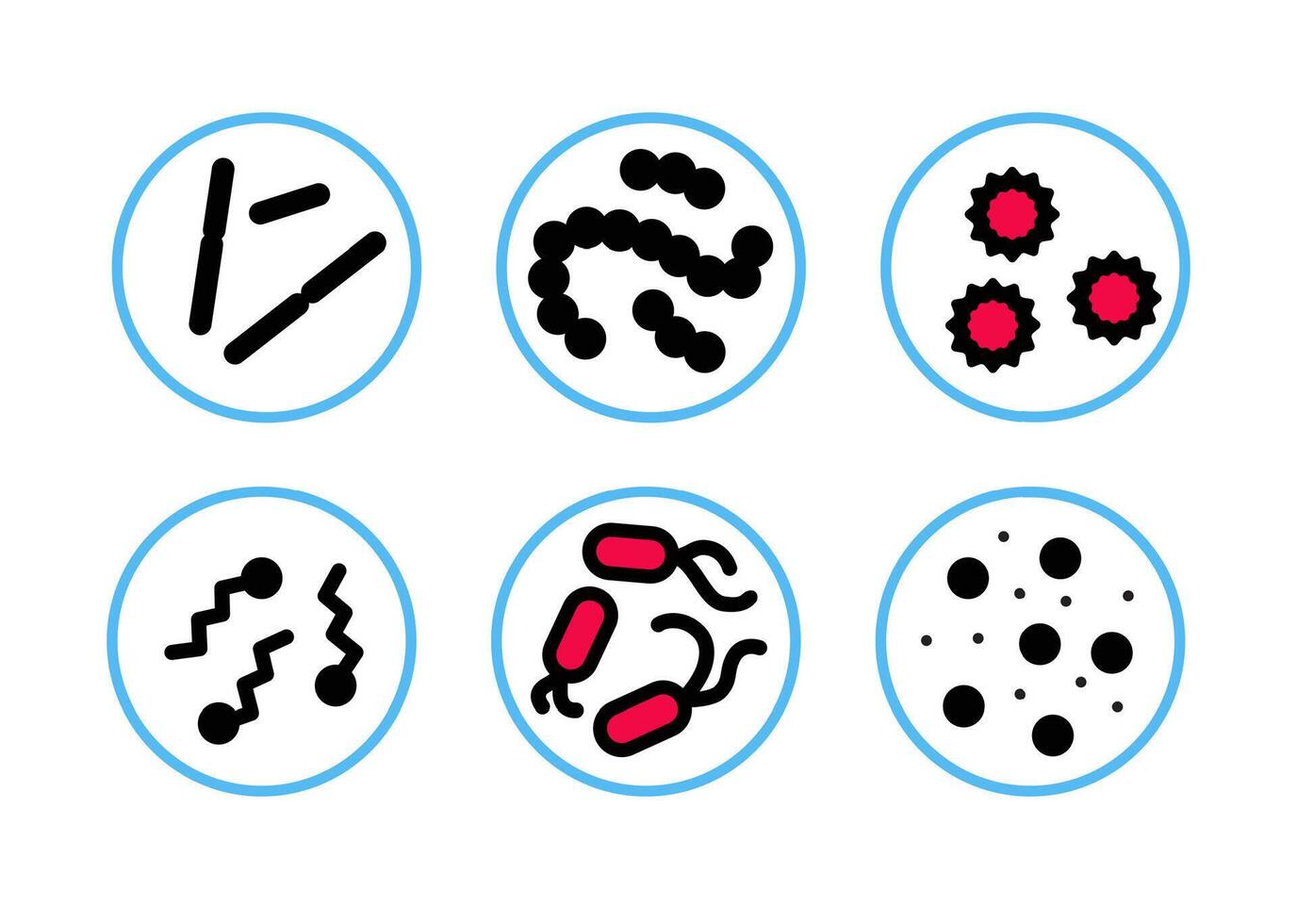 bakterie, mikrober och virus i cirklar uppsättning. platt illustration isolerat på en vit bakgrund. vektor