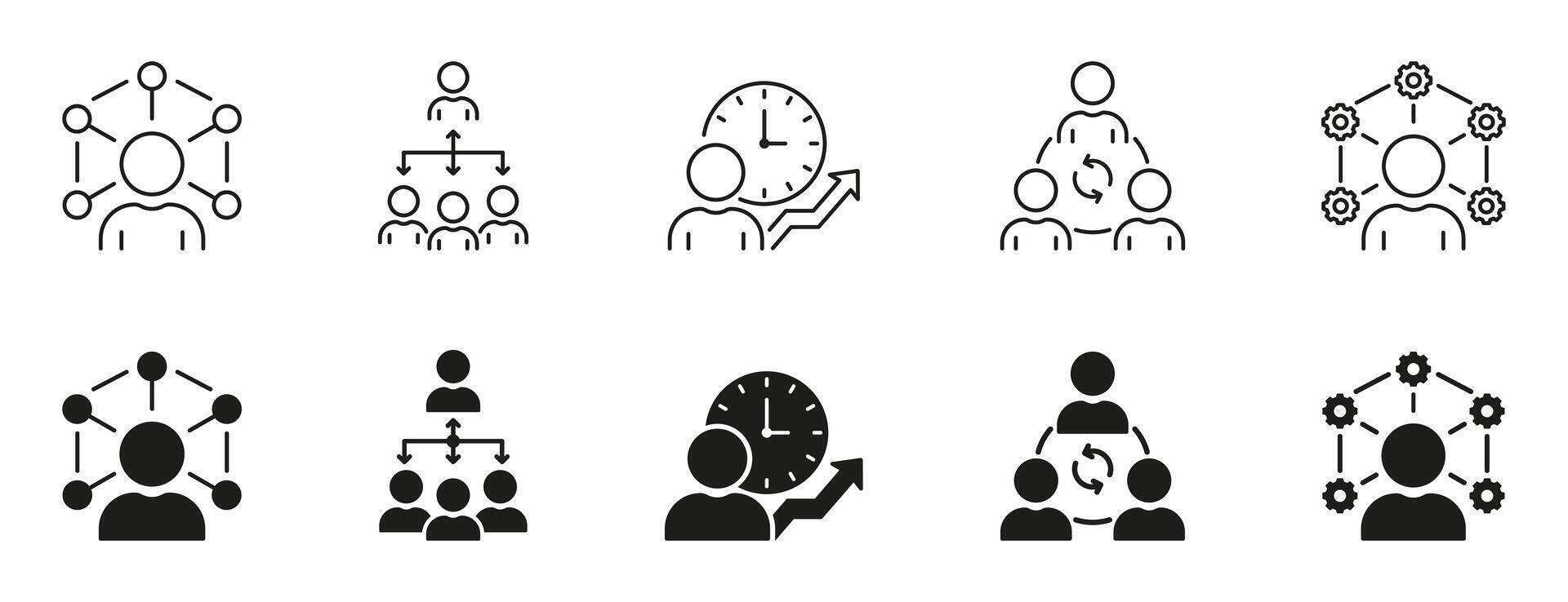 Zusammenarbeit im Geschäft Linie und Silhouette Symbol Satz. Projekt Verwaltung schwarz Piktogramm. Organisation Strategie Symbol Sammlung. Mannschaft Ausbildung unterzeichnen. isoliert Illustration vektor