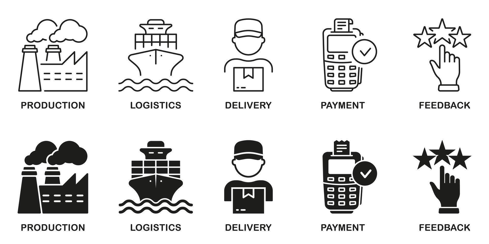 Logistik Linie und Silhouette Symbol Satz. liefern Kette Symbol Sammlung. Produktion, ausdrücken Sendung, Zahlung, Rezension Piktogramm. Verteilung Industrie leiten unterzeichnen. isoliert Illustration vektor