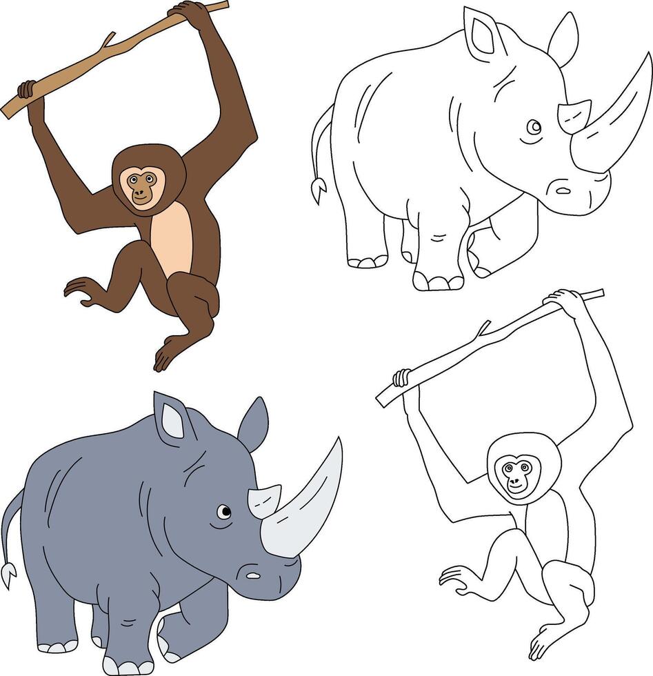 apa och noshörning ClipArt. vild djur ClipArt samling för älskande av djungler och vilda djur och växter. detta uppsättning kommer vara en perfekt tillägg till din safari och zoo-tema projekt vektor