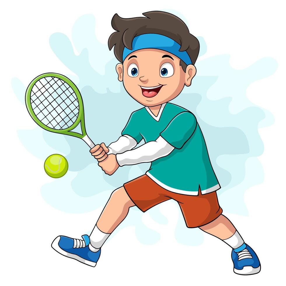 tecknad liten pojke spelar tennis vektor