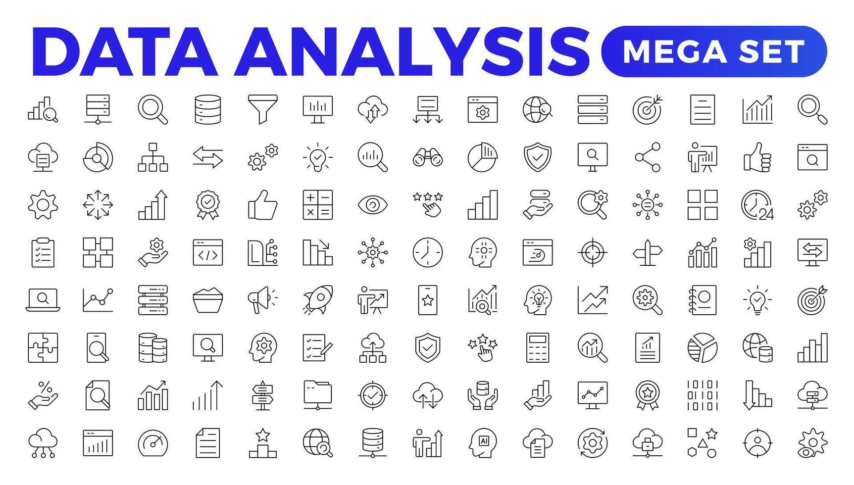 Daten Analytik Symbol Satz. groß Daten Analyse Technologie Symbol. enthält Datenbank, Computer und Netzwerk Symbole. solide Symbole Sammlungsdaten Linie Analytik, ai, Gastgeber, Überwachung. Gliederung Symbol vektor