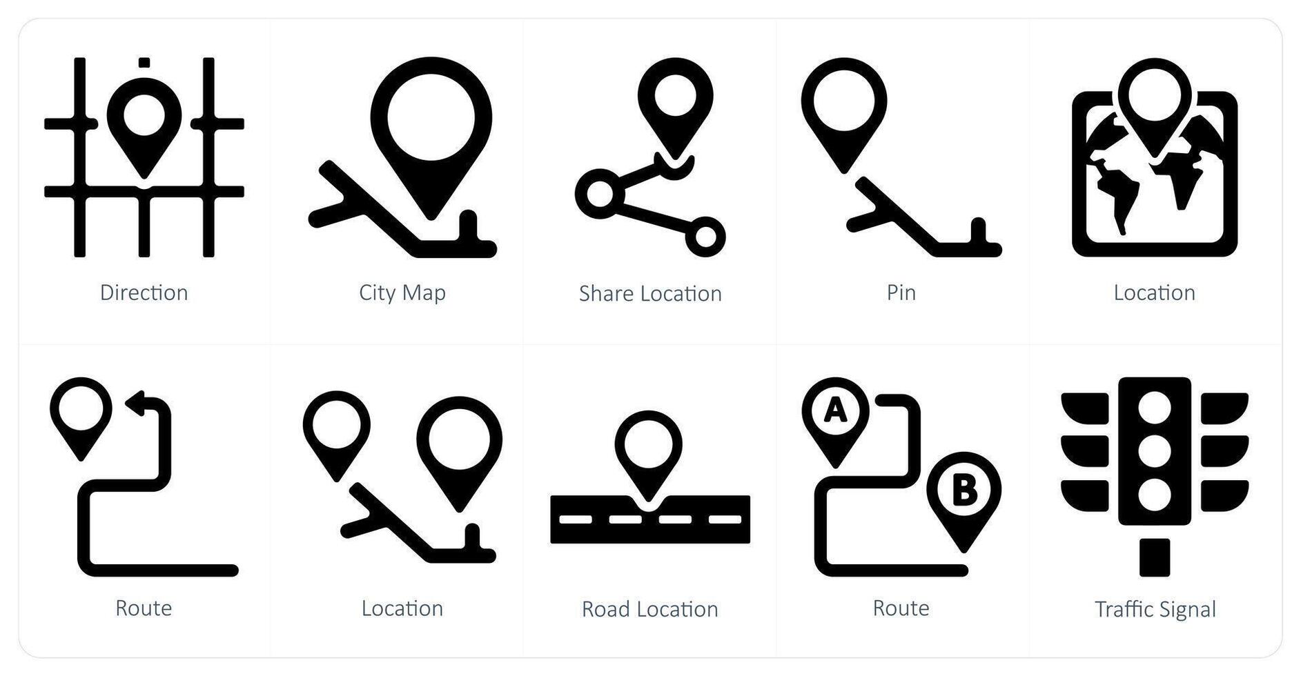 ein einstellen von 10 Navigation Symbole wie Richtung, Stadt Karte, Teilen Ort vektor