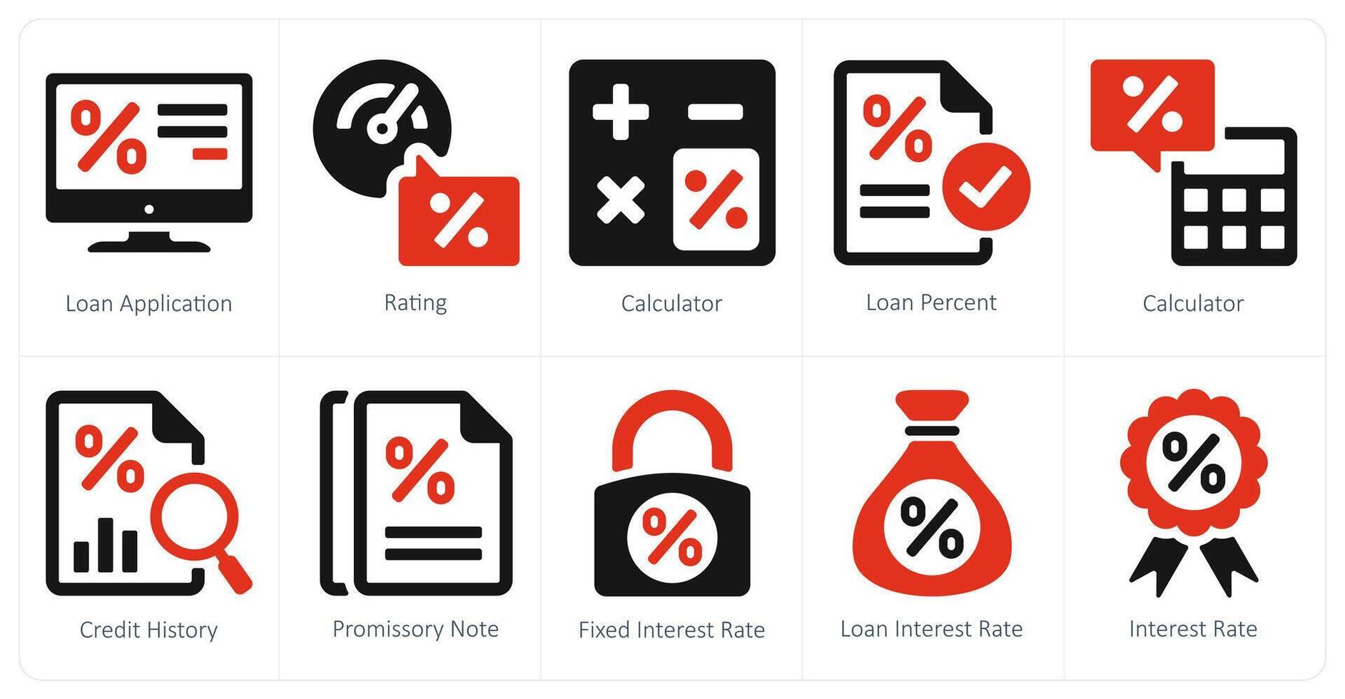 en uppsättning av 10 lån och skuld ikoner som lån Ansökan, betyg, kalkylator vektor