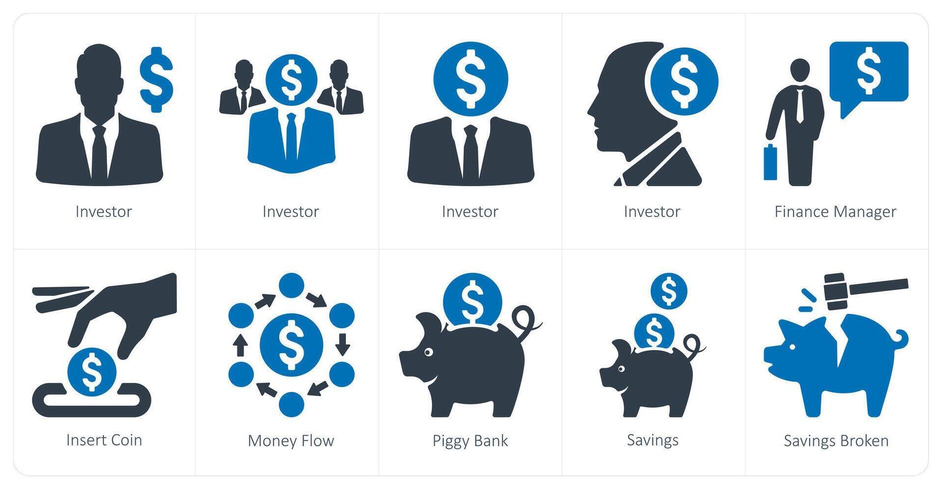ein einstellen von 10 Finanzen Symbole wie Investor, Finanzen Manager, einfügen Münze vektor