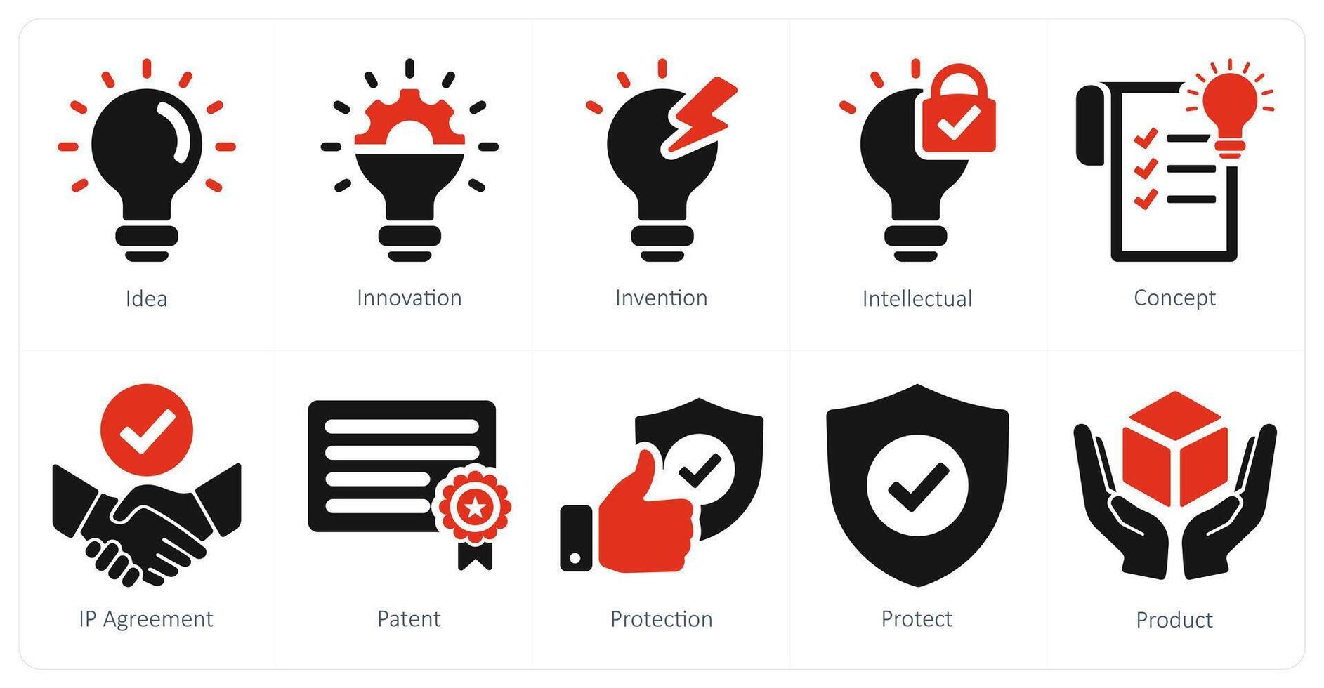 ein einstellen von 10 intellektuell Eigentum Symbole wie Idee, Innovation, Erfindung vektor