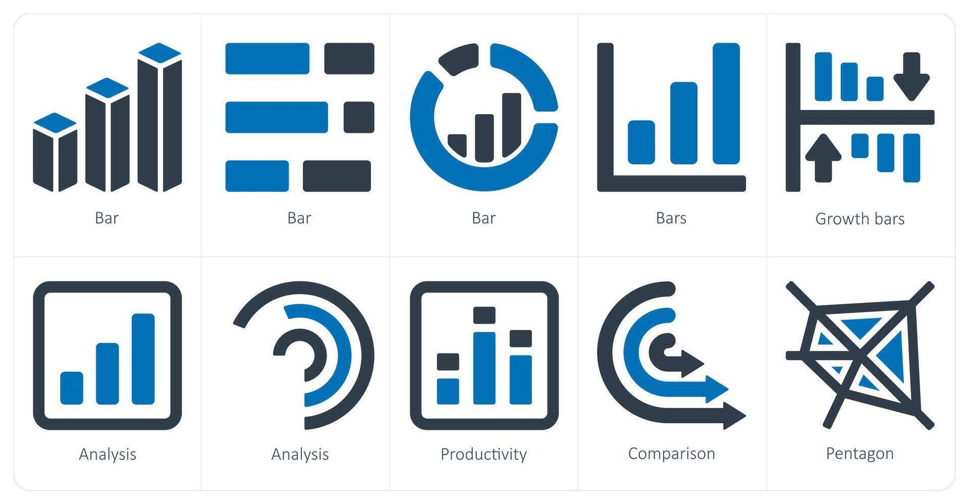 en uppsättning av 10 diagram och rapporter ikoner som bar, tillväxt barer, analys vektor
