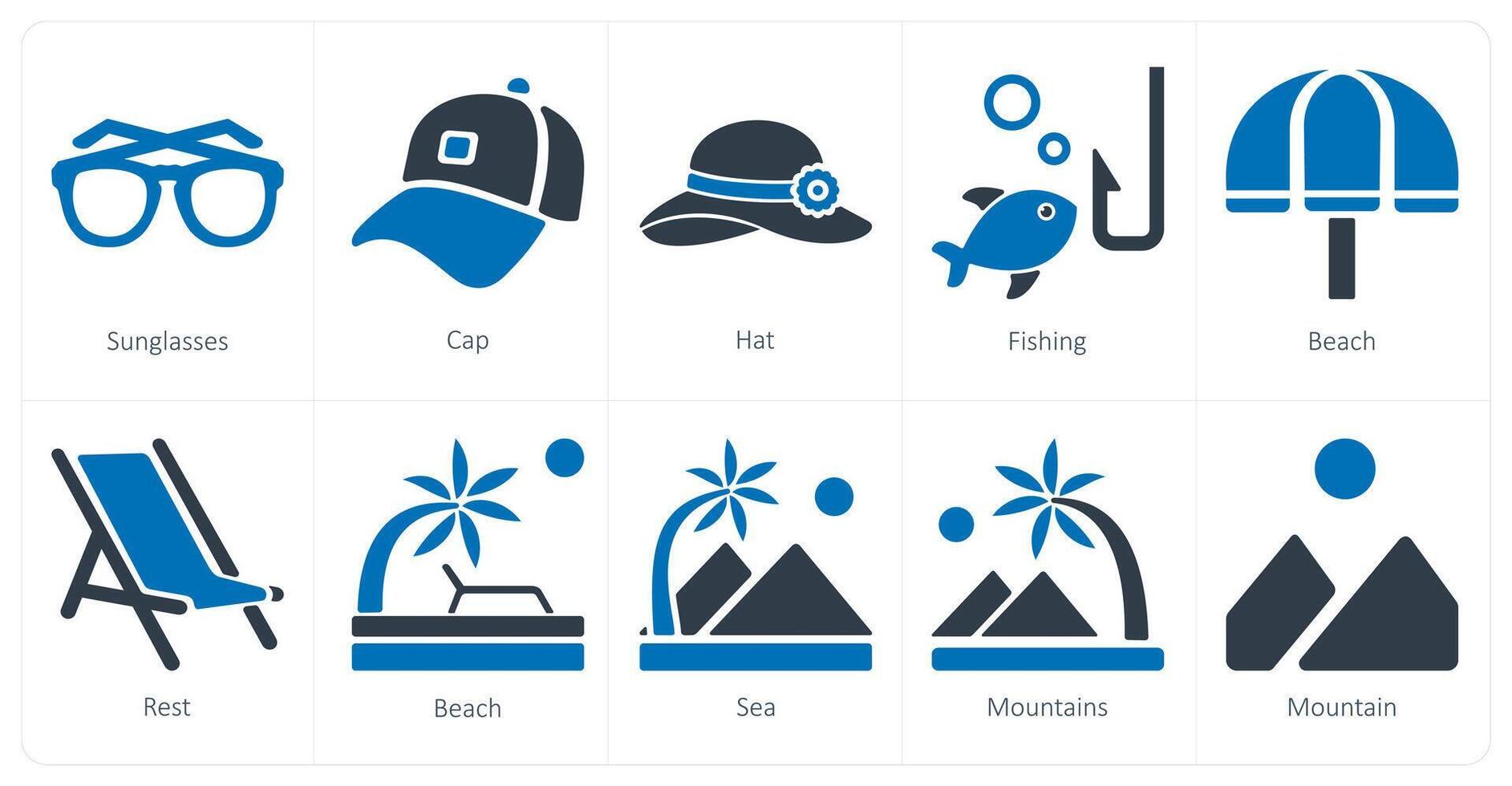 en uppsättning av 10 resa och semester ikoner som solglasögon, keps, hatt vektor
