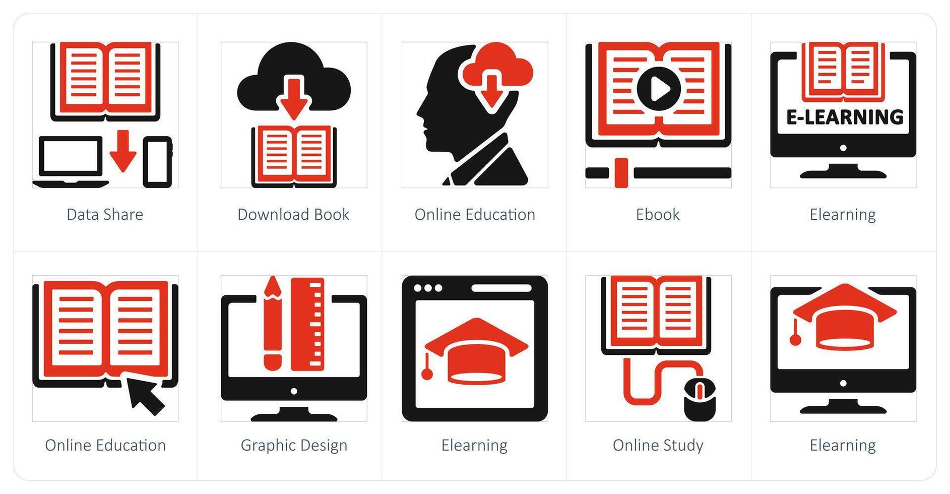 en uppsättning av 10 uppkopplad utbildning ikoner som data dela med sig, ladda ner bok, onlineutbildning vektor