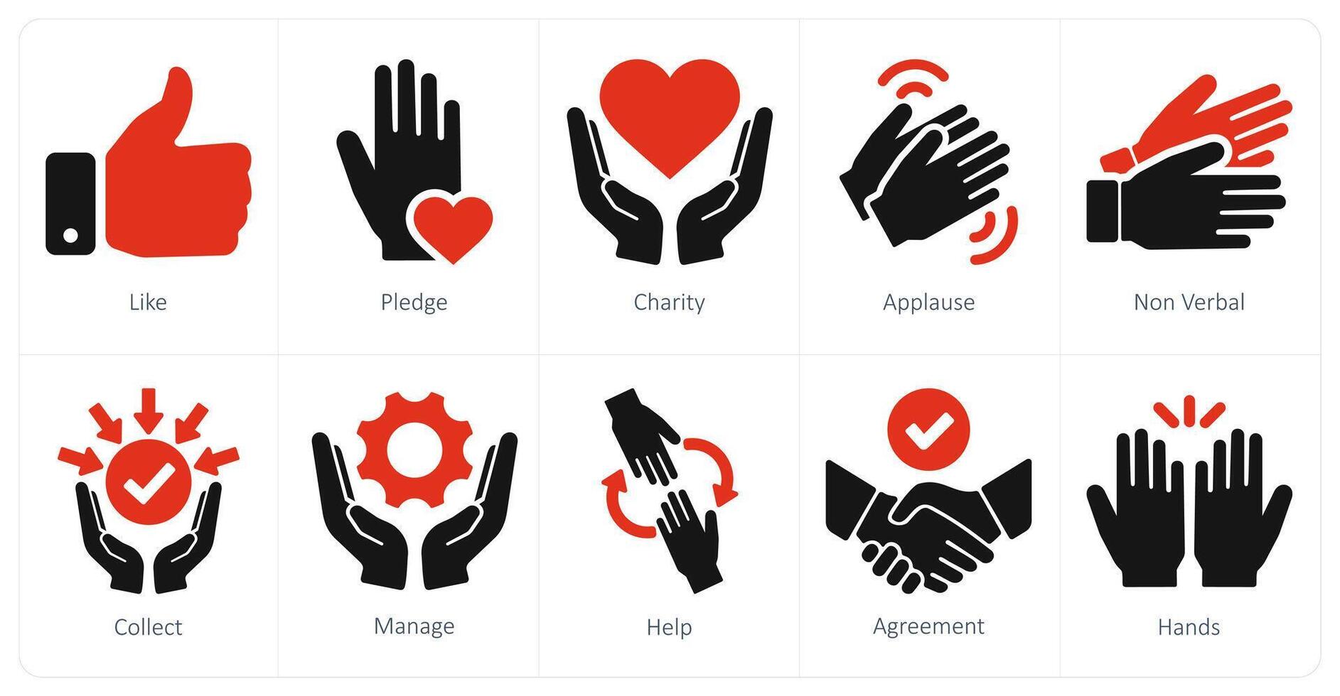en uppsättning av 10 händer ikoner som tycka om, lova, välgörenhet vektor