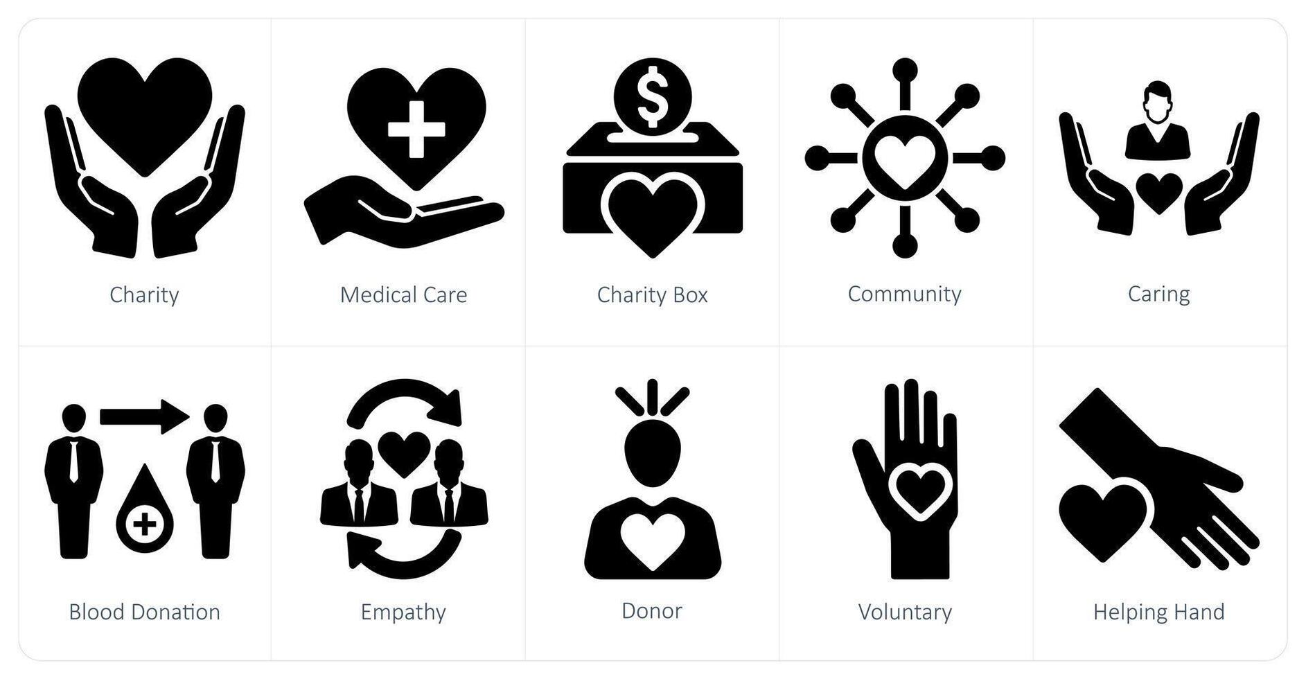 en uppsättning av 10 välgörenhet och donation ikoner som välgörenhet, medicinsk vård, välgörenhet låda vektor