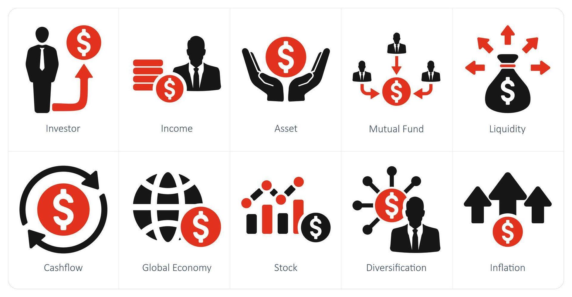 en uppsättning av 10 investering ikoner som investerare, inkomst, tillgång vektor