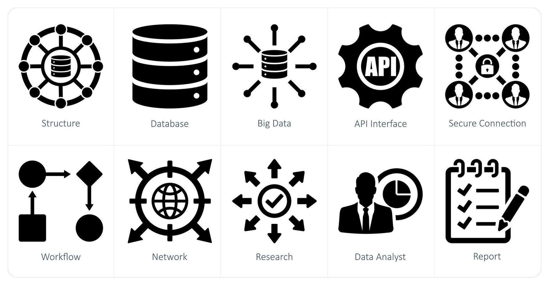 en uppsättning av 10 data analys ikoner som strukturera, databas, stor data vektor