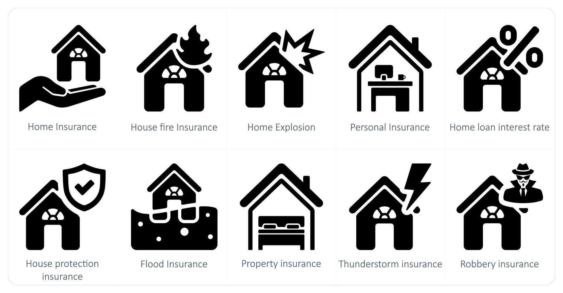 en uppsättning av 10 försäkring ikoner som Hem försäkring, hus brand försäkring, Hem explosion vektor