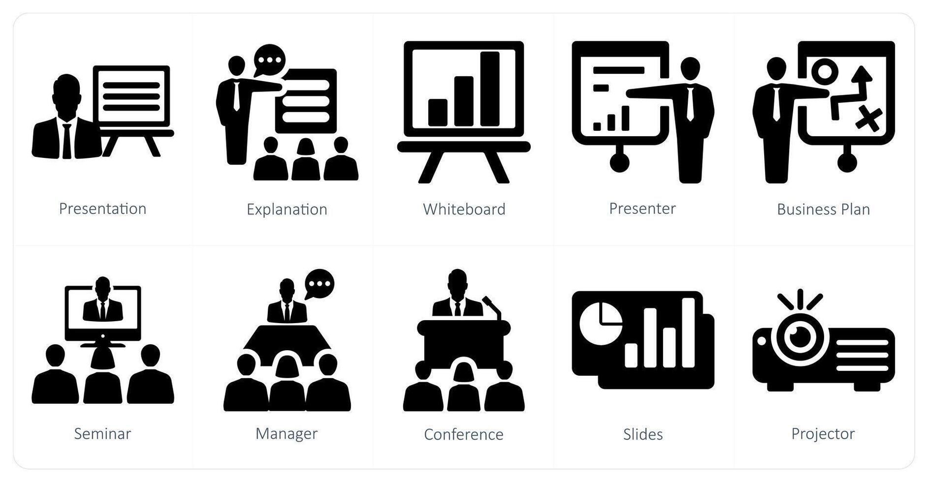 en uppsättning av 10 företag presentation ikoner som presentation, förklaring, vit styrelse vektor
