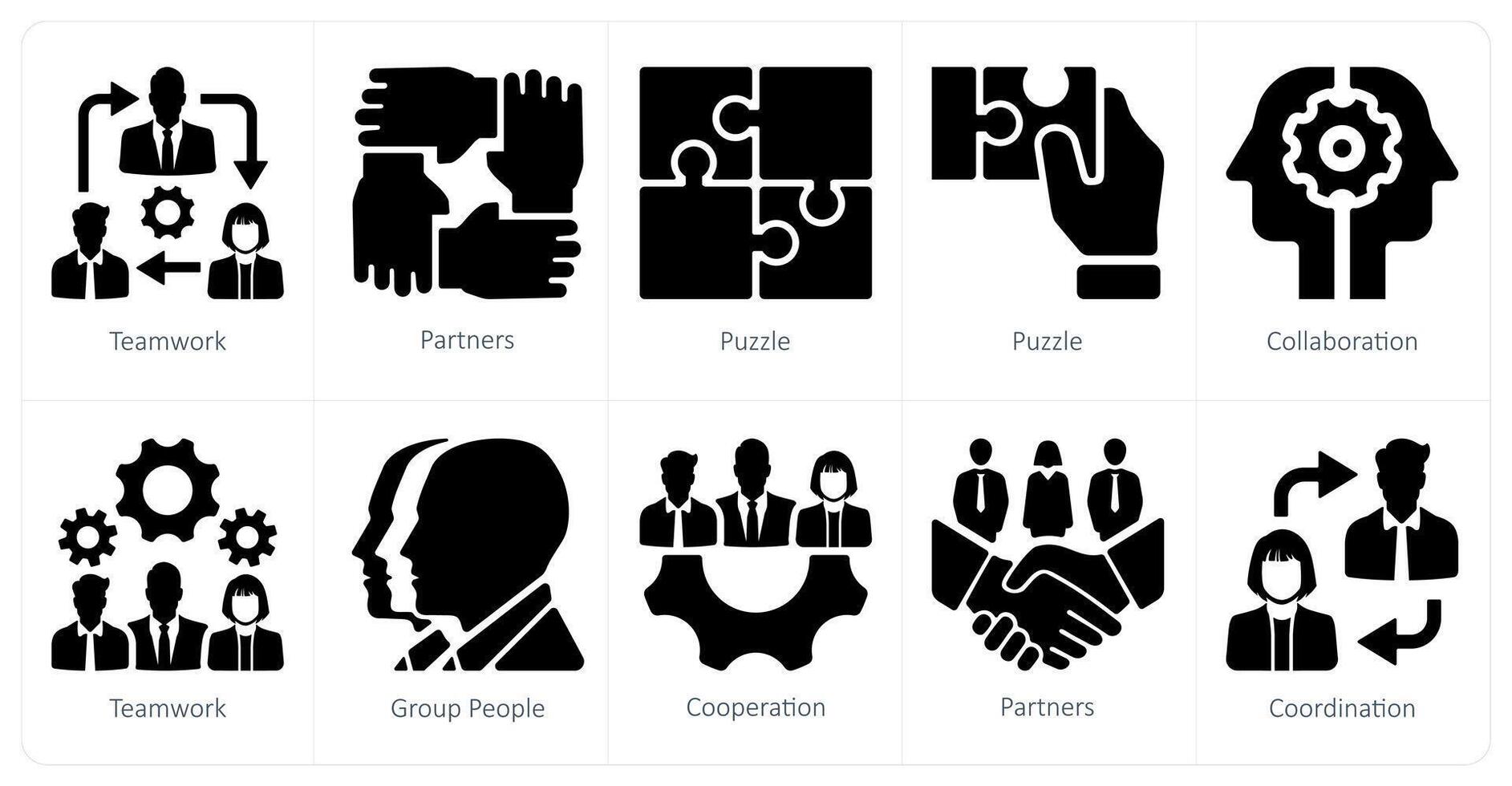 ein einstellen von 10 Zusammenarbeit Symbole wie Zusammenarbeit, Partner, Puzzle vektor