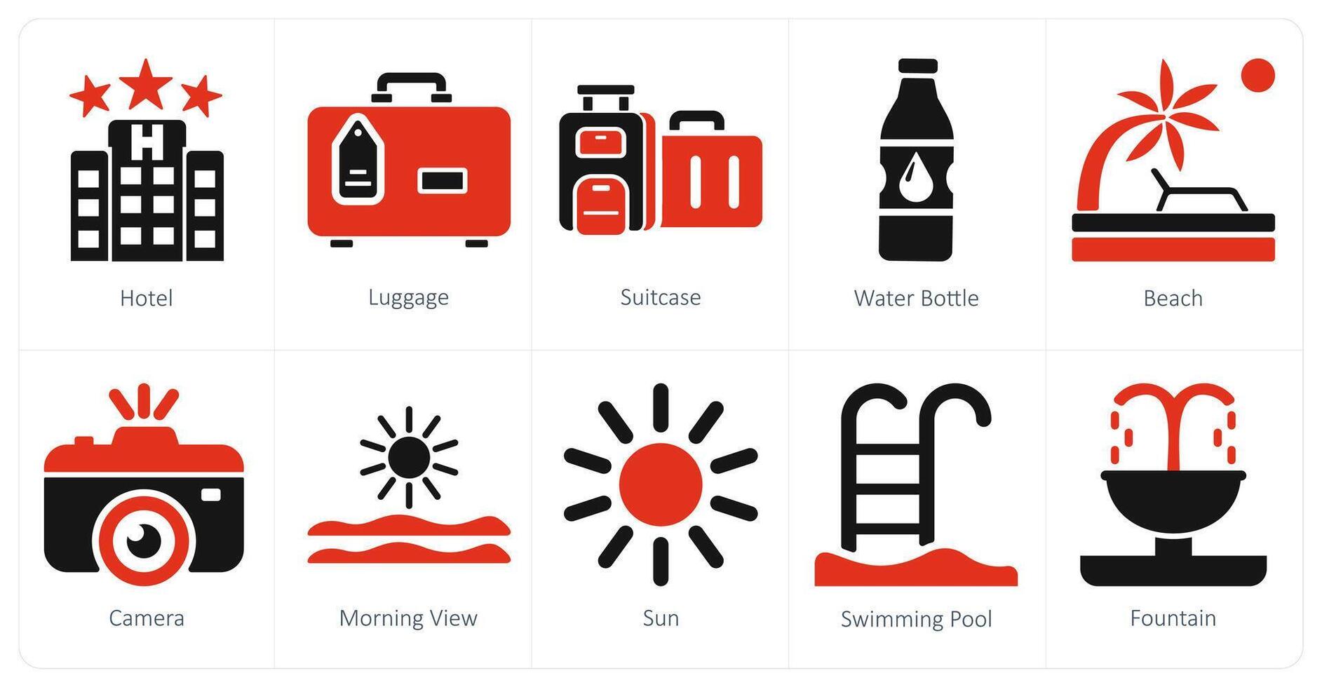 en uppsättning av 10 blanda ikoner som hotell, bagage, resväska vektor