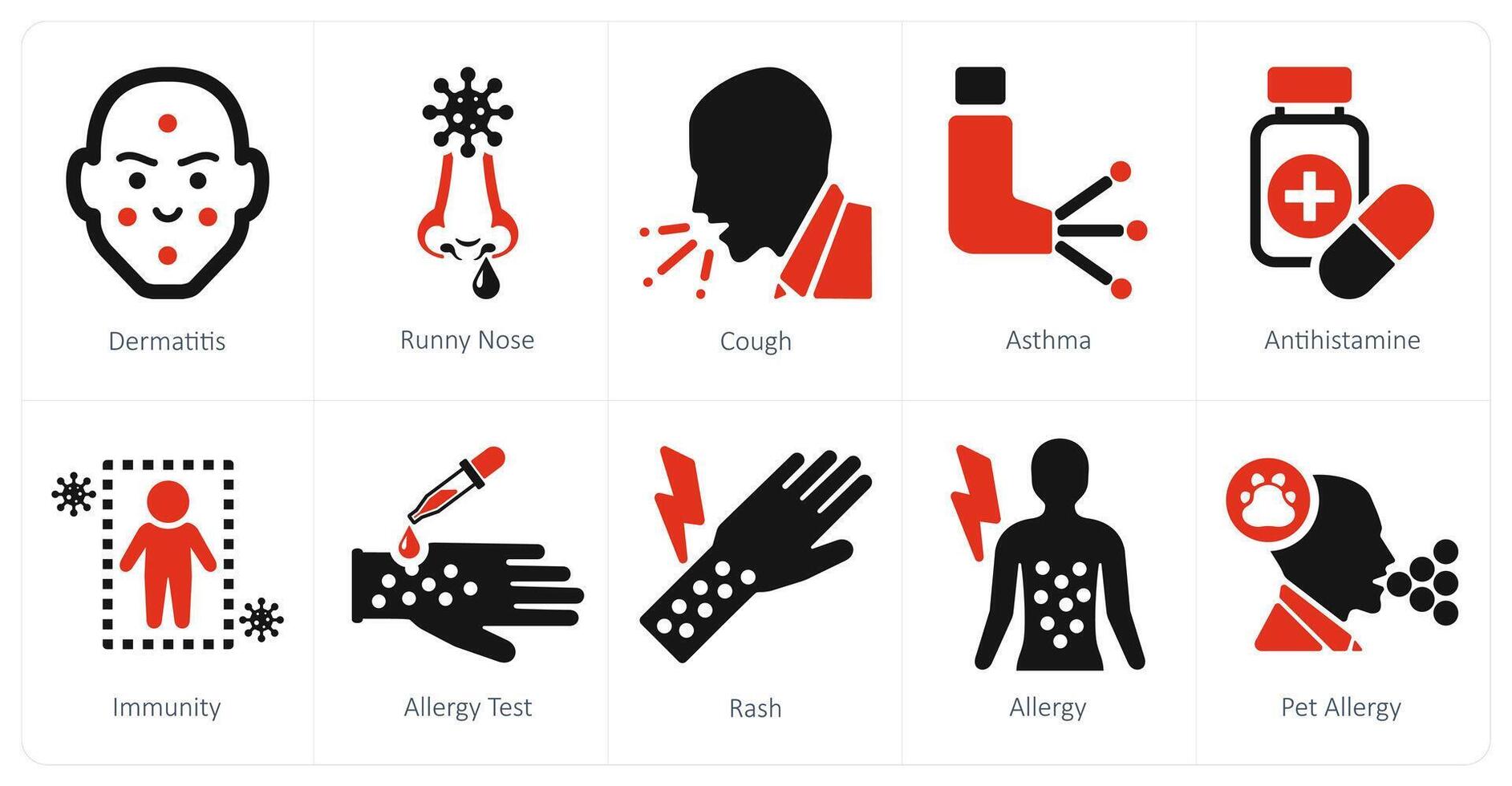 en uppsättning av 10 allergi ikoner som dermatit, rinnande näsa, hosta vektor