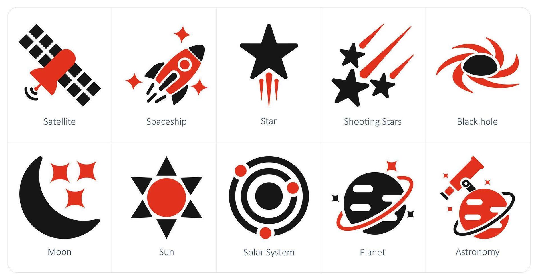 en uppsättning av 10 astronomi ikoner som satellit, rymdskepp, stjärna vektor