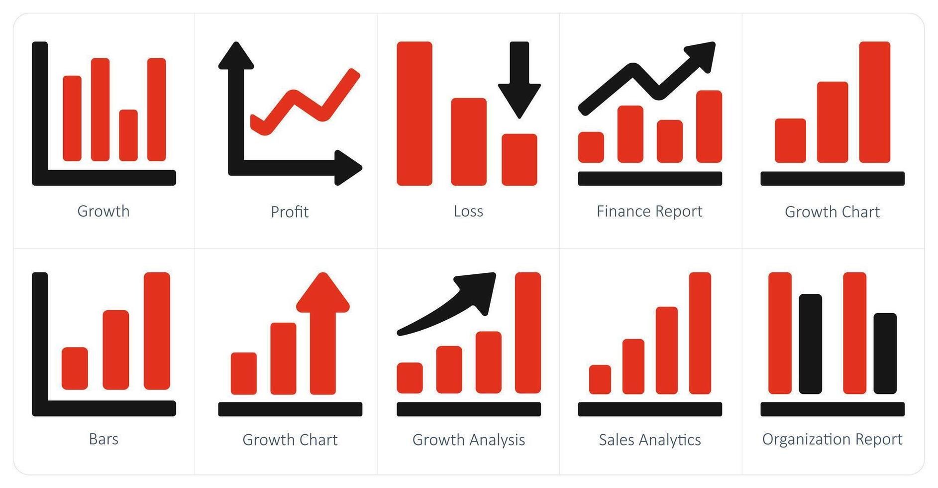 en uppsättning av 10 diagram och rapporter och rapporter ikoner som tillväxt, vinst, förlust vektor