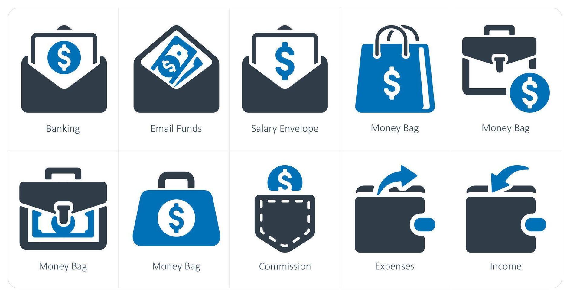 en uppsättning av 10 finansiera ikoner som bank, e-post medel, lön kuvert, vektor