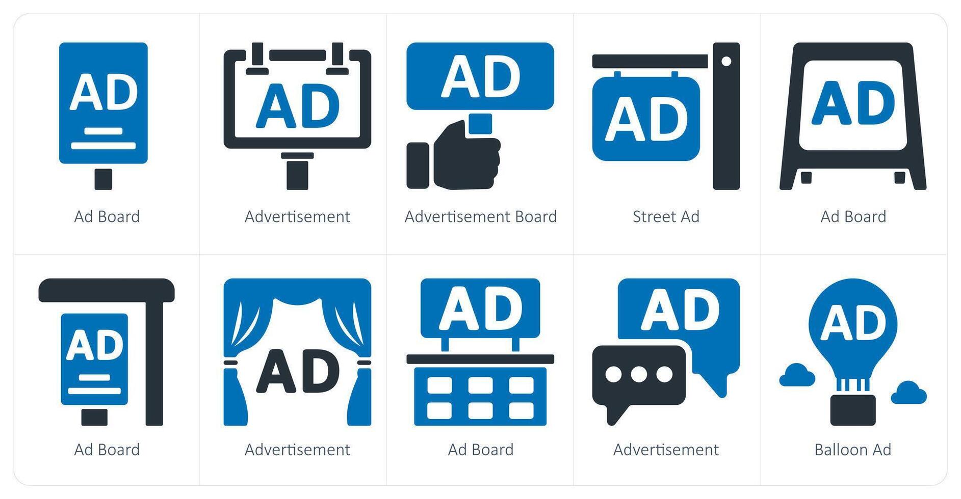 en uppsättning av 10 annonser och marknadsföring ikoner som ad styrelse, annons, annons styrelse vektor