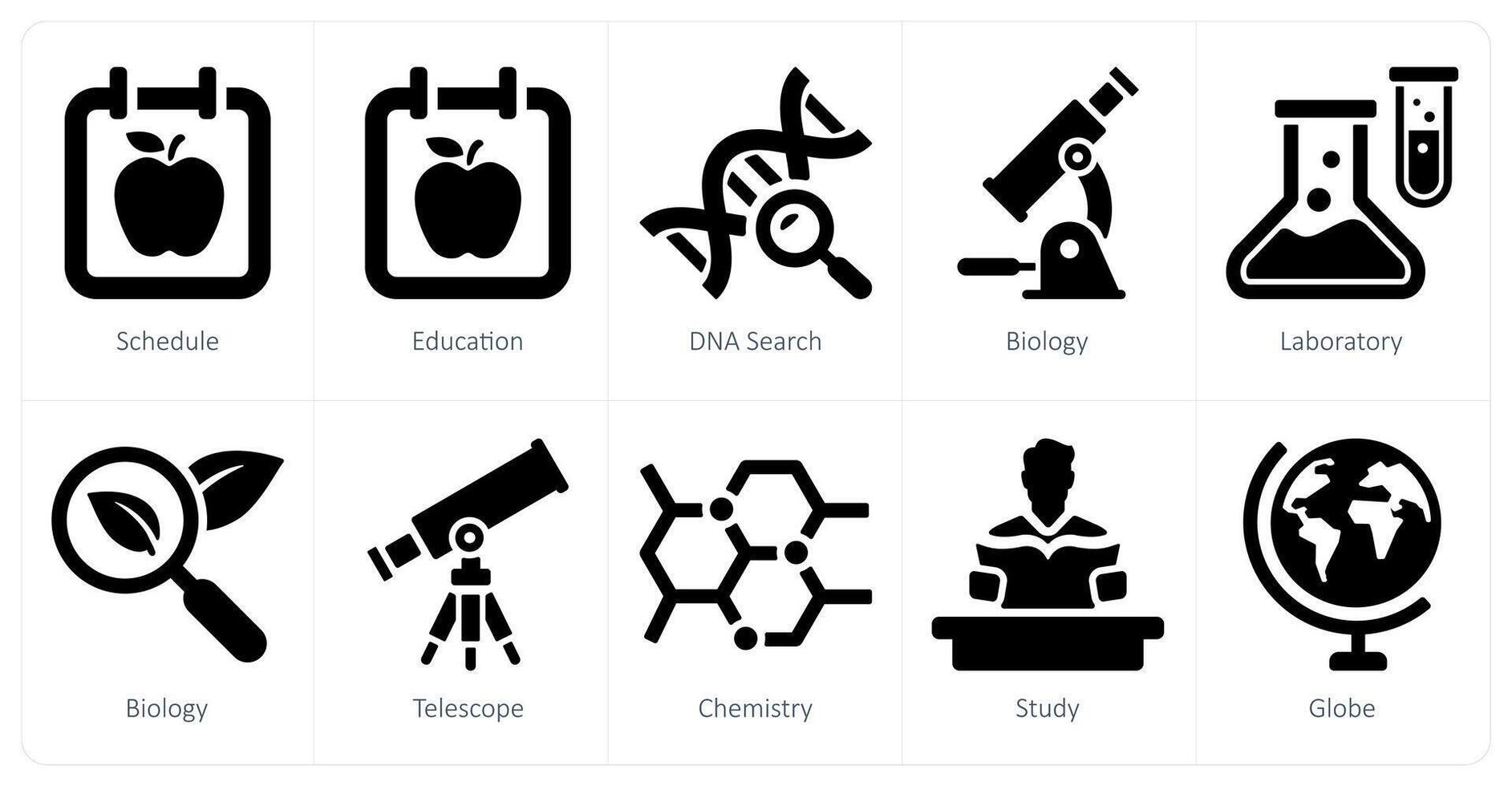 ein einstellen von 10 Schule und Bildung Symbole wie Zeitplan, Ausbildung, DNA Suche vektor