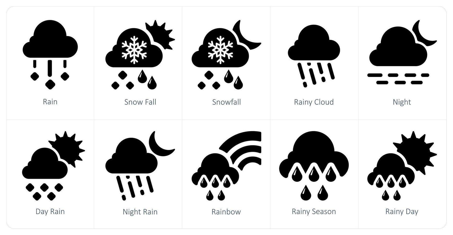 ein einstellen von 10 Wetter Symbole wie Regen, Schneefall, regnerisch Wolke vektor