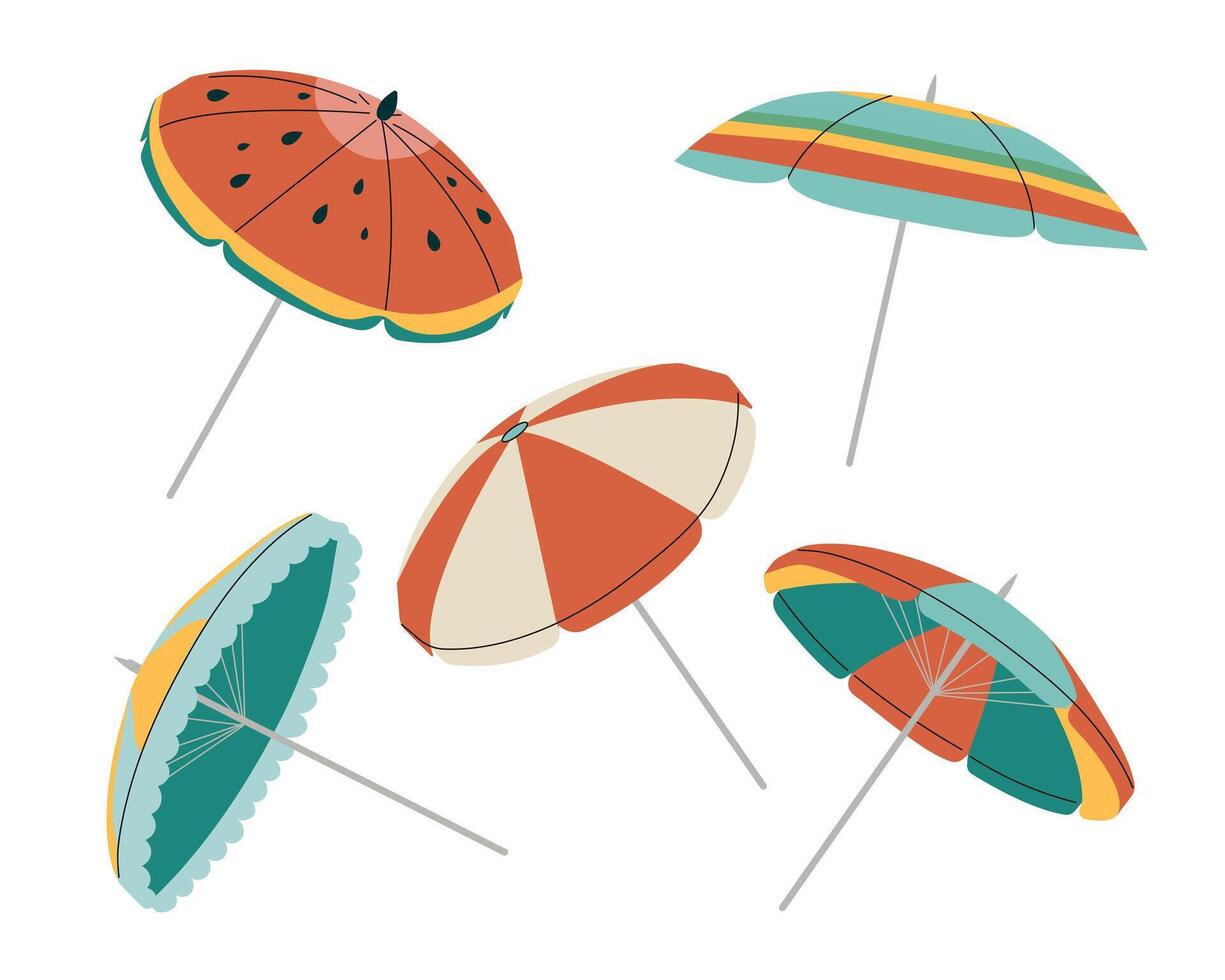 Karikatur Strand Regenschirm. einstellen von bunt Strand Regenschirme isoliert auf Weiß Hintergrund. Ausrüstung zum Entspannung auf Strand, Ferien Konzept. vektor